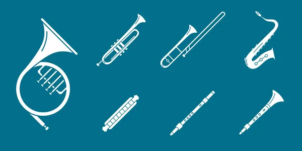 Music Instruments Icons Set Vector Solid Silhouettes Wind Instruments Saxophone — Stock Vector