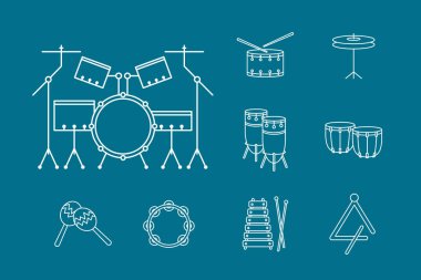 Perküsyon müzik aletleri Simgeler seti - Kamp, tef, zil, bongo, maracas, üçgen ve ksilofon vektör katı siluetler site veya arayüz için