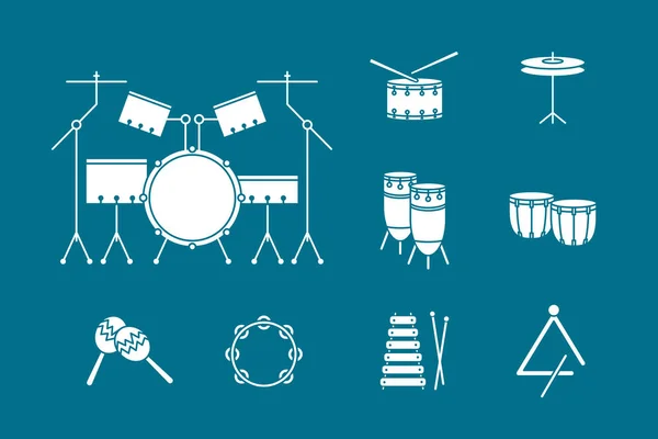 Percussion Music Instruments Icons Set Vector Solid Silhouettes Drum Equipment — Stock Vector