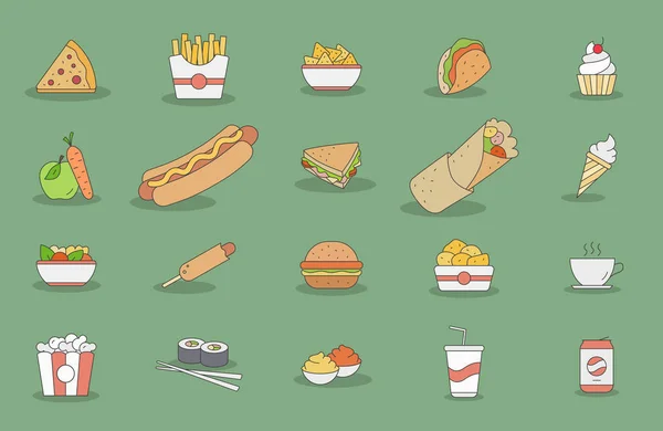 Conjunto Iconos Comida Rápida Símbolos Color Vectorial Sándwich Hamburguesa Hot — Vector de stock