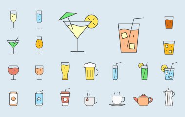 İçecek Cam Simgeler seti - site veya arayüz için kokteyl ve alkol vektör renk sembolleri