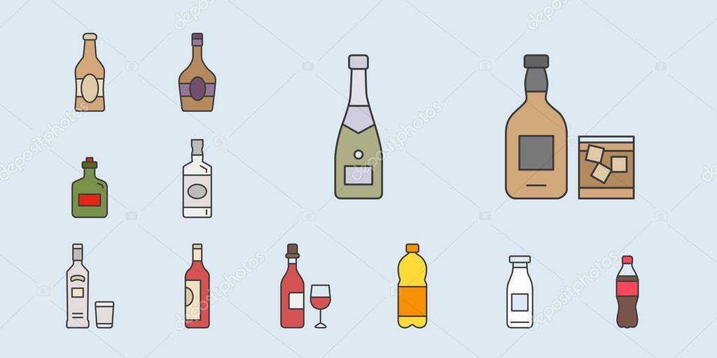 Bottle Icons set - Vector color symbols of drink and alcohol for the site or interface
