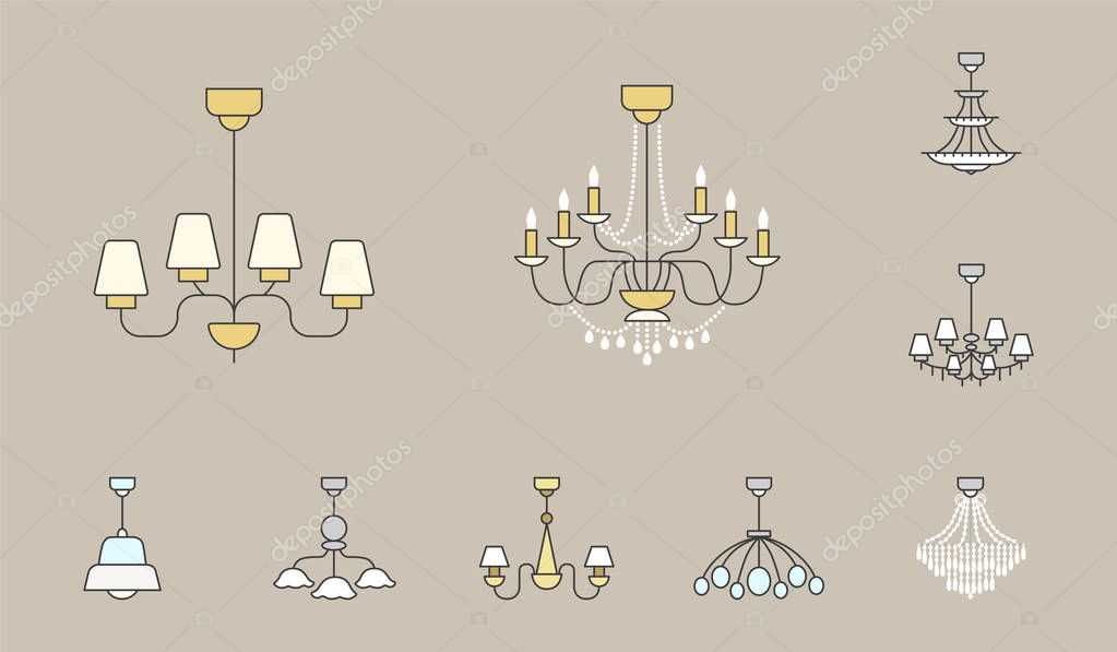 Chandelier Icons Set - Vector colored silhouettes vintage and luxury chandelier