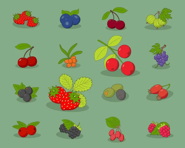 Berry Simgeler seti - site veya arayüz için çilek, ahududu, kiraz, yaban mersini, cloudberry, dogrose ve kızılcık vektör renk sembolleri
