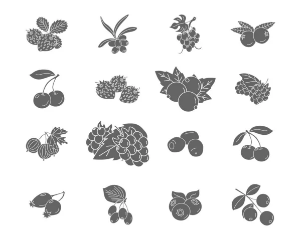 Berry Simgeler seti - site veya arayüz için çilek, ahududu, kiraz, yaban mersini, cloudberry, dogrose ve kızılcık Vektör siyah katı siluetler