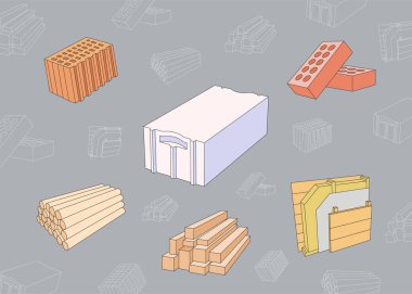 Yapı inşaat malzemeleri Simgeler ayarlayın - Vektör renk sembolleri ve blok, aerocrete, beton, duvar, tuğla ve ahşap site veya arayüz için anahat