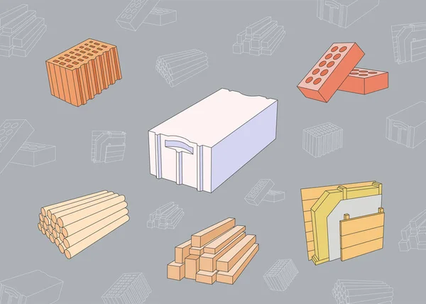 Yapı inşaat malzemeleri Simgeler ayarlayın - Vektör renk sembolleri ve blok, aerocrete, beton, duvar, tuğla ve ahşap site veya arayüz için anahat