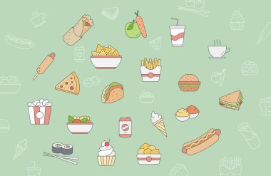 Fast food simgeleri ayarlayın - Vektör renk sembolleri ve sandviç, burger, sosisli sandviç, et ve site veya arayüz için tatlılar anahat