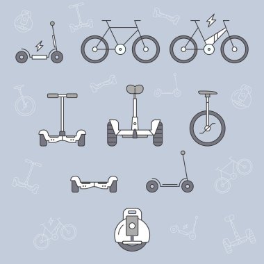 Scooter ve elektrik taşıma simgeleri - Web sitesi veya arayüz için vektör renkli araçlar sembolleri ve ana hatlar