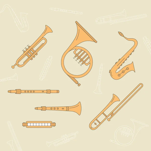 Müzik enstrümanları setleri - Site veya arayüz için vektör renk sembolleri ve rüzgar enstrümanları, saksafon, saksafon, tüp, ağız organı ve flüt