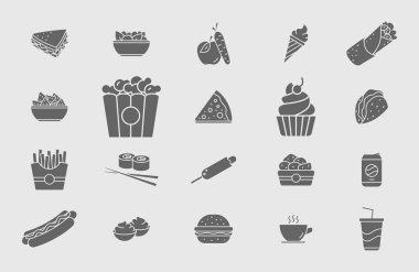 Fast food simgeleri ayarlayın - Web veya Mobil için sandviç, burger, sosisli sandviç, et ve tatlılar Vektör katı siluetler