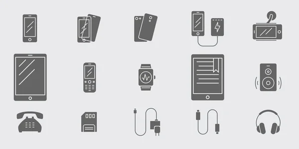 Akıllı telefon ve aksesuar simgeleri ayarlanır - Site veya arayüz için gadget ve mobil cihazın vektör katı siluetleri