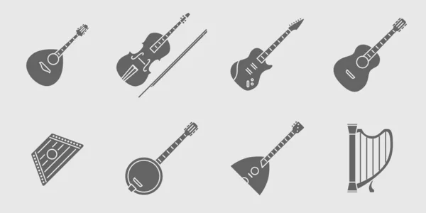 String Music Instruments Icons Set Vector Solid Silhouettes Site Interface — Stock Vector