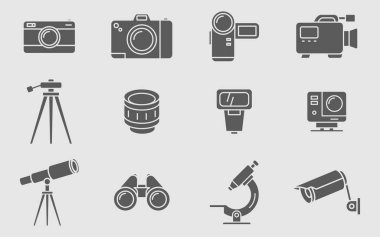 Kamera simgeleri seti - Site veya arayüz için Fotoğraf ve Video Ekipmanları vektör katı siluetleri