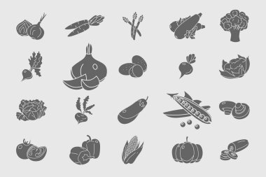 Sebze Simgeler seti - Vektör katı siluetler vejetaryen gıda ve site veya arayüz için sağlıklı beslenme