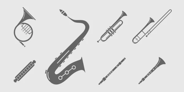 Müzik aletleri Simgeler seti - Site veya arayüz için nefesli çalgılar, saksafon, saksafon, tüp, ağız organı ve flüt vektör katı siluetleri