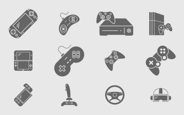 Gamepad ve Oyun konsolu simgeleri seti - Web veya Mobile için joystick'lerin ve siber sporun vektör sembolleri