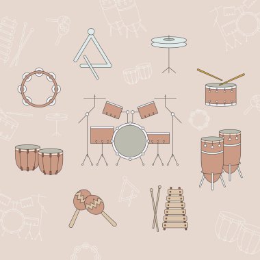 Perküsyon müzik enstrümanları setleri - site veya arayüz için vektör renk simgeleri ve davul ekipmanları, tef, zil, bongo, marakas, üçgen ve ksilofon ana hatları