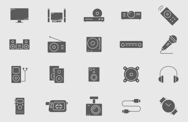 数字视频和音频设备图标集 用于网站或界面的媒体技术和电视矢量固体剪影 — 图库矢量图片