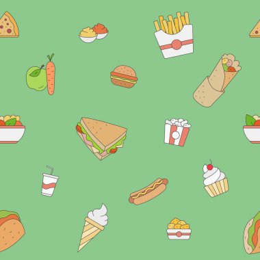 Fast Food arka planı - Grafik tasarımı için sandviç, burger, hot dog, et ve tatlıların vektör rengi