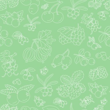 Çilek arkaplanı - Grafik tasarımı için çilek, ahududu, kiraz, yaban mersini, dut, dogrose ve kızılcık deseni