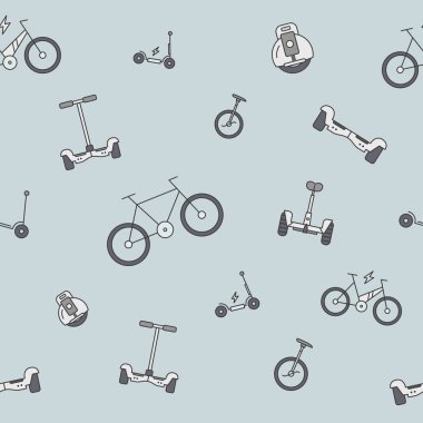 Scooter ve elektrik taşıma arkaplanı - Grafik tasarımı için araçların vektör rengi pürüzsüz desen