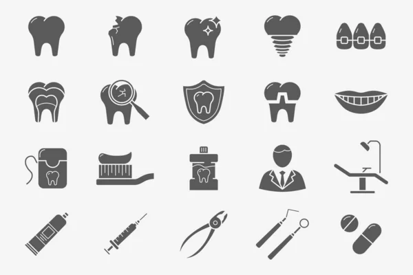 Zahnarzt Icons Set Vektorsilhouetten Der Medizin Zahn Zahnbürste Zahnpasta Karies — Stockvektor