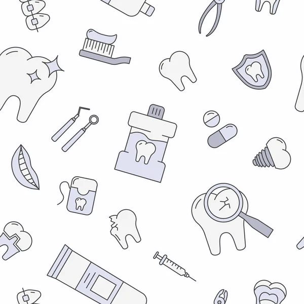 歯医者 グラフィックデザインのための薬 歯ブラシ 歯磨き粉 キャリーとフロスのベクトルカラーの背景 シームレスパターン — ストックベクタ
