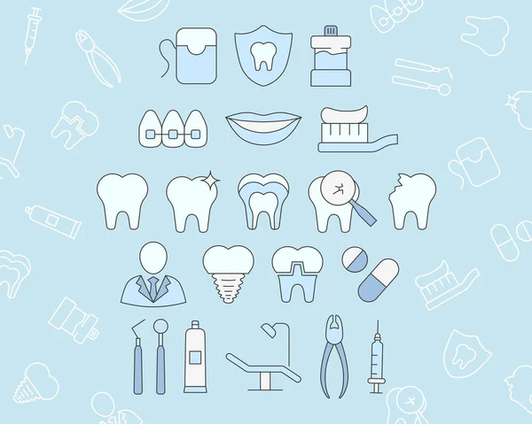 歯科アイコンセット ベクトルの色のシンボルと薬の概要 歯ブラシ 歯磨き粉 キャリーとサイトやインターフェイスのための花 — ストックベクタ