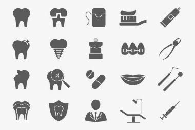 Dişçi Simgeleri ayarlandı - İlaç, diş fırçası, diş fırçası, diş macunu, diş macunu, diş macunu ve arayüz için diş ipi ve vektör siluetleri