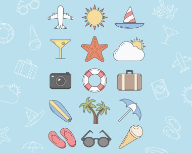 Tatil Simgeleri belirlendi - Vektör renk simgeleri ve seyahat çizelgesi, site veya arayüz için tatil günü