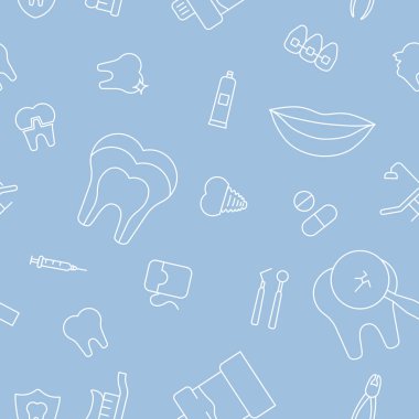 Diş hekimi - Tıbbın, diş fırçasının, diş macununun, diş macununun ve grafik tasarımı için diş ipinin vektör arkaplanı (kusursuz desen)