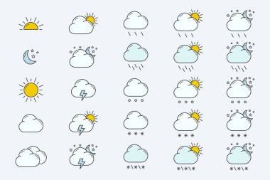 Hava Simgeleri belirlendi - Kar, fırtına, yağmur, bulut, güneşli, rüzgar ve arayüz için vektör renk sembolleri