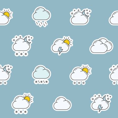 Hava Durumu - Grafik tasarımı için kar, fırtına, yağmur, bulut, güneşli, rüzgar ve ayın vektör renk arkaplanı (kusursuz desen)