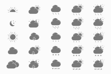 Meteoroloji Simgeleri ayarlandı - Kar, fırtına, yağmur, bulut, güneşli, rüzgar ve arayüz için vektör siluetleri