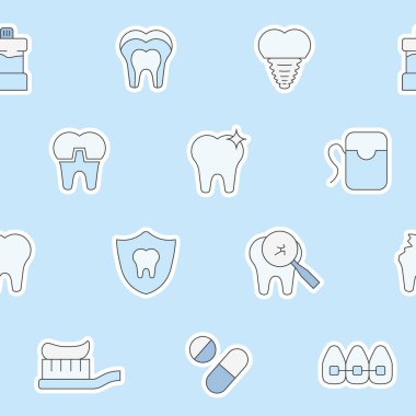 Diş Hekimi - Tıbbın, diş fırçasının, diş macununun, diş macununun, diş macununun ve grafik tasarımı için diş ipinin vektör renk arkaplanı (kusursuz desen)