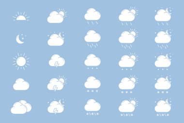 Meteoroloji Simgeleri ayarlandı - Kar, fırtına, yağmur, bulut, güneşli, rüzgar ve arayüz için vektör siluetleri