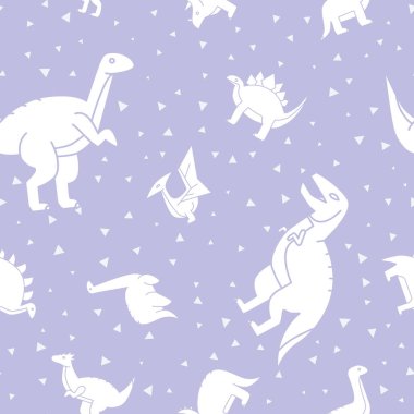 Dinozorlar - Siluet triceratops, stegosaurus, tyrannosaurus ve grafik tasarımı için Jurassic dönemindeki diğer hayvanların vektör arkaplanı (kusursuz desen)