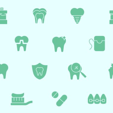 Diş hekimi - Tıbbın, diş fırçasının, diş fırçasının, diş macununun, diş macununun ve grafik tasarımı için diş ipinin vektör arkaplanı (kusursuz desen)