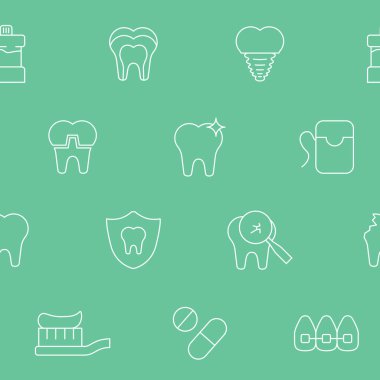 Diş hekimi - Tıbbın, diş fırçasının, diş macununun, diş macununun ve grafik tasarımı için diş ipinin vektör arkaplanı (kusursuz desen)