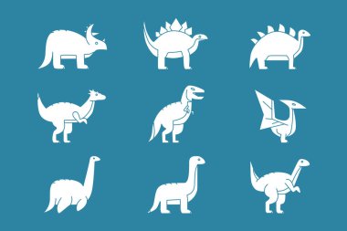Dinozor simgeleri - Triceratops, stegosaurus, tyrannosaurus ve Jurassic periyodundaki diğer hayvanların vektör siluetleri