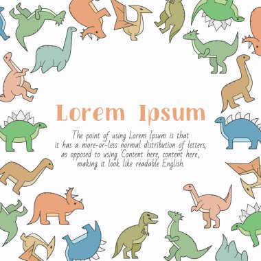 Dinozorlar - triceratops, stegosaurus, tyrannosaurus ve grafik tasarım için Jurasik dönemin diğer hayvanlarının yazılı ve vektör renk çizimleri içeren kart
