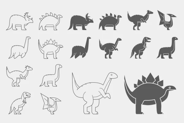 Conjunto Iconos Dinosaurios Esquema Vectorial Símbolos Siluetas Triceratops Estegosaurios Tiranosaurios — Archivo Imágenes Vectoriales