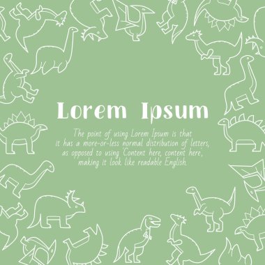 Dinozorlar - triceratops, stegosaurus, tyrannosaurus ve grafik tasarımı için Jurassic döneminin diğer hayvanlarının çizimleri yazılı ve vektör ana hatlı kart