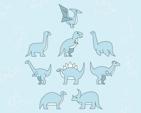 Dinosaurier Symbolset Vektor Farbsymbole Und Umrisse Von Triceratops Stegosaurus Tyrannosaurus — Stockvektor