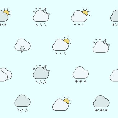 Hava Durumu - Grafik tasarımı için kar, fırtına, yağmur, bulut, güneşli, rüzgar ve ayın vektör renk arkaplanı (kusursuz desen)