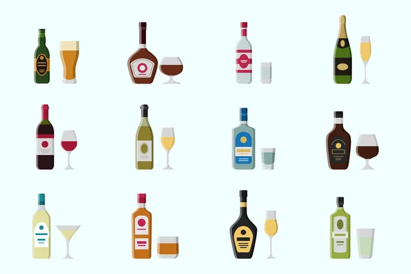アルコール飲料アイコンセット ガラス ボトル ワイン ビール シャンパン ウイスキー ウォッカ コニャックなどのベクトルカラーシンボルサイトまたはインターフェイス用 — ストックベクタ