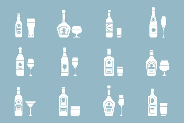 Alcohol Drink Icons Set Vector Silhouettes Glass Bottle Wine Beer — Stock Vector