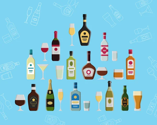 Alkoholgetränk Symbolset Vektor Farbsymbole Und Umrisse Von Glas Flasche Wein — Stockvektor