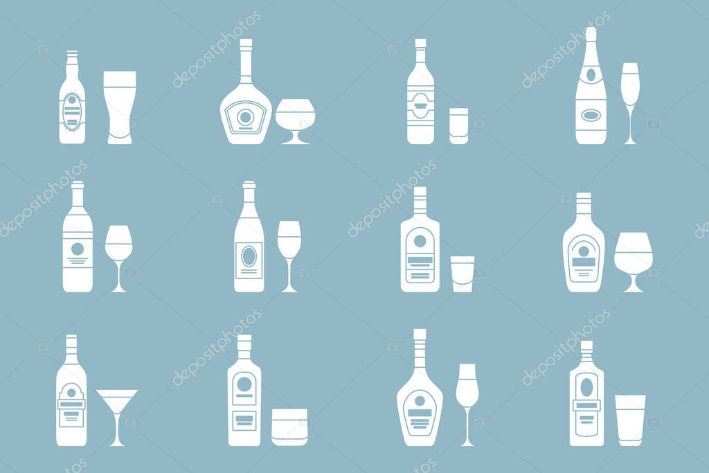 Alcohol drink Icons set - Vector silhouettes of glass, bottle, wine, beer, champagne, whiskey, vodka, cognac and others for the site or interface